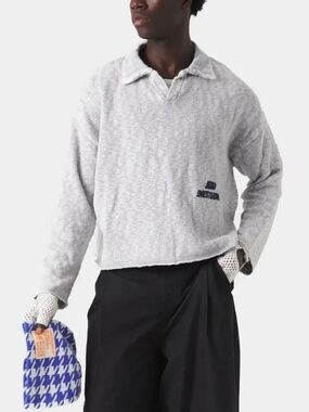 Eme Studios Kiff Distressed Knit Polo Pullover Sweater Grey Size XXL Streetwear